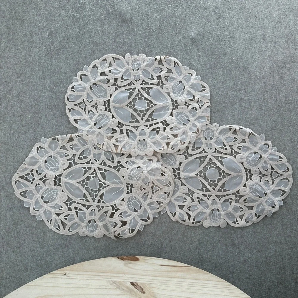 3 Vintage Lace Doilies Home 16x10 Cream Floral Embroidered Cutout